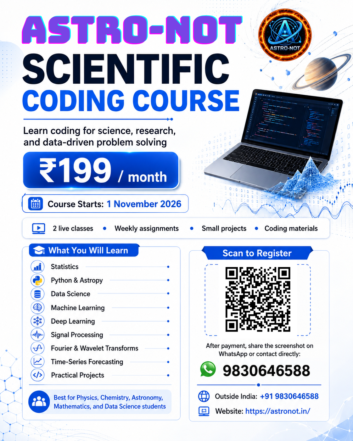 ASTRO-NOT Scientific Coding Course — starts 1 November 2026, ₹199 per month